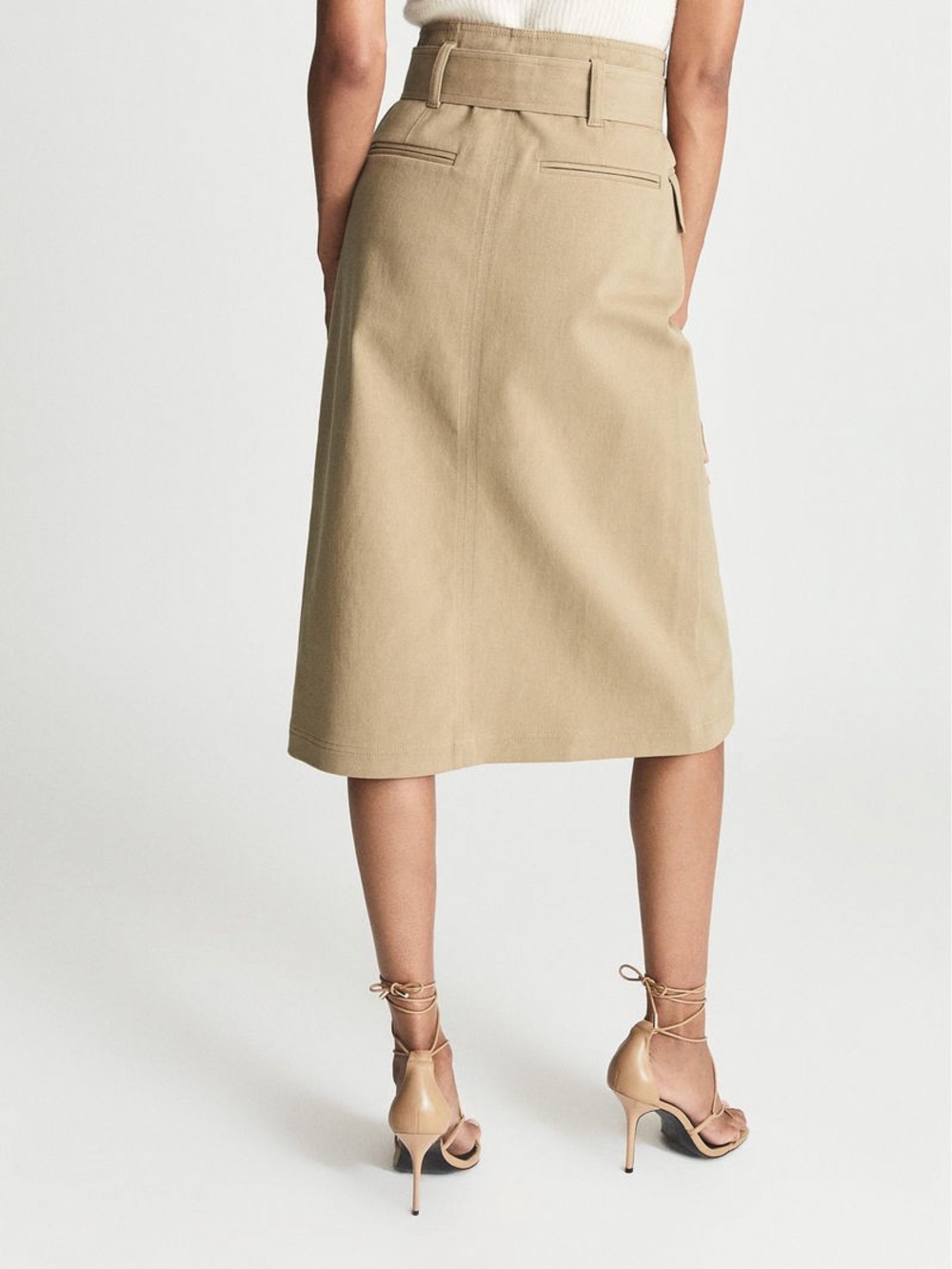 Reiss Carrie Belted Midi Skirt US 4 Camel Tan Button Front Utility Pencil - Picture 2 of 10